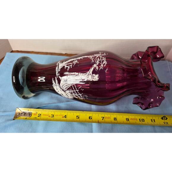 Ruffled Cranberry Bohemian Mary Gregory Victorian Cameo Hand Painted Vase 12" - Picture 4 of 7